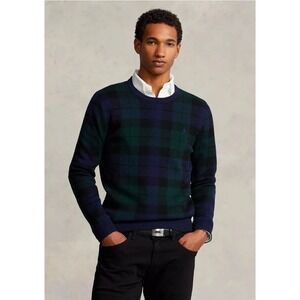 Polo Ralph Lauren Mens M Merino Wool Gingham Plaid Blue Green Crewneck Sweater